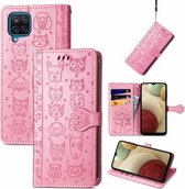 Voor Galaxy A12 Leuke Kat en Hond Reliëf Horizontale Flip Lederen Case met Houder & Kaartsleuven & Portemonnee & Lanyard (Roze)