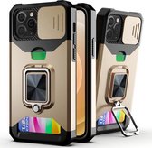 Sliding Camera Cover Design PC + TPU Shockproof Case met Ring Houder & Card Slot Voor iPhone 12/12 Pro (Goud)