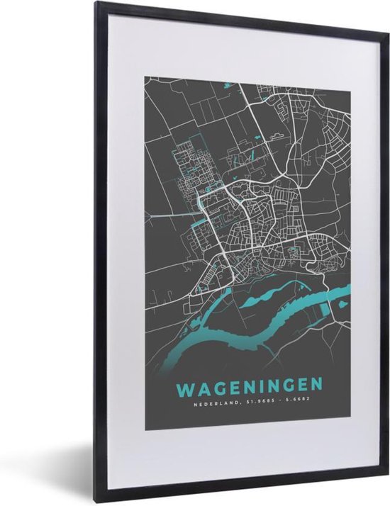 Fotolijst incl. Poster - Stadskaart - Wageningen - Grijs - Blauw - 40x60 cm - Posterlijst - Plattegrond
