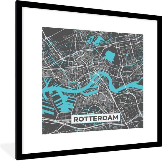 Fotolijst incl. Poster - Plattegrond - Rotterdam - Grijs - Blauw - 40x40 cm - Posterlijst - Stadskaart