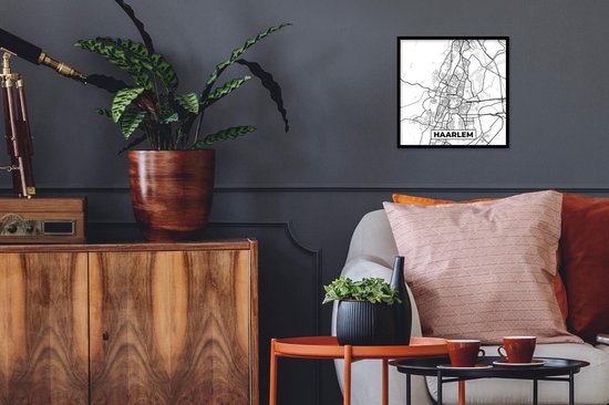 Affiche encadrée - Cadre photo 40x40 cm - Posters - Carte - Haarlem - Zwart - Wit - Cadre affiche noir - Décoration - Décoration murale salon - Décoration murale chambre