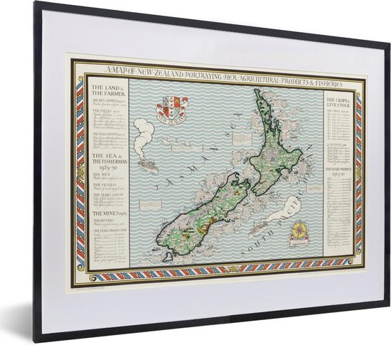 Fotolijst incl. Poster - Kaart - Nieuw-Zeeland - Vintage - 40x30 cm - Posterlijst