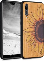 kwmobile telefoonhoesje compatibel met Huawei P20 Pro - Hoesje met bumper in geel / donkerbruin / lichtbruin - kersenhout - Wood Sunflower design