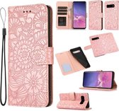 Voor Samsung Galaxy S10+ Skin Feel Reliëf Zonnebloem Horizontale Flip Lederen Case met Houder & Kaartsleuven & Portemonnee & Lanyard (Rose Goud)