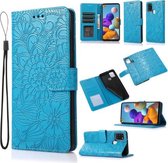 Voor Samsung Galaxy A21s Huid Voelen Reliëf Zonnebloem Horizontale Flip Lederen Case met Houder & Kaartsleuven & Portemonnee & Lanyard (Blauw)