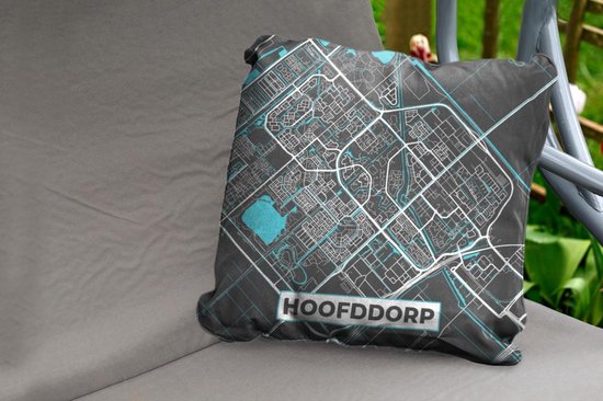 Sierkussen extérieur - Plan de la ville - Hoofddorp - Grijs - Blauw - 60x60 cm - Résistant aux intempéries