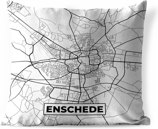 Sierkussen Buiten - Kaart - Enschede - Zwart - Wit - 60x60 cm - Weerbestendig