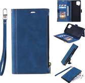 Voor Samsung Galaxy A42 5G Side Zipper Back Card Horizontale Flip PU Leather Case met Kaartsleuven & Portemonnee & Fotolijst & Lanyard (Blauw)