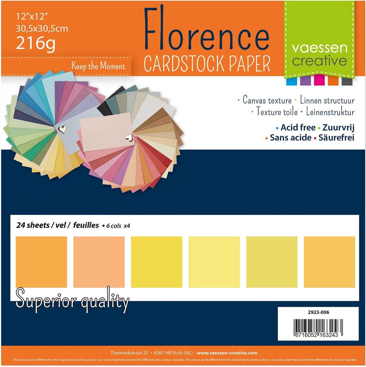Vaessen Creative Florence Cardstock, Stevig Kaartpapier 216g - Geel, 24 Stuks. 30,5 x 30,5 cm