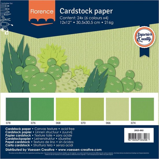 Pak met Florence cardstock papier, 24 vellen in 6 tinten groen. Inclusief cactussen decoratie.