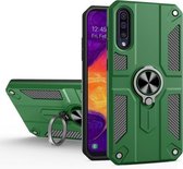 Voor Samsung Galaxy A50 koolstofvezelpatroon pc + TPU-beschermhoes met ringhouder (groen)