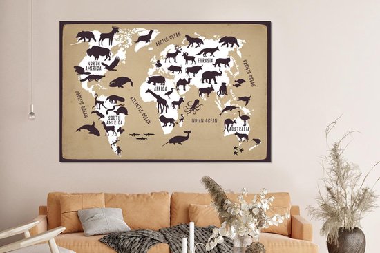 Décoration murale Métal - Peinture Aluminium - Wereldkaart - Animaux - Marron - 150x100 cm - Dibond