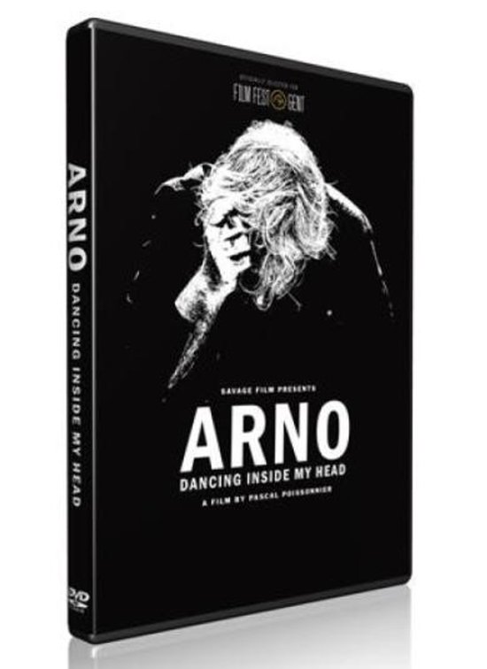 Couverture DVD avec un portrait en noir et blanc d'Arno, texte 'ARNO DANCING INSIDE MY HEAD'.