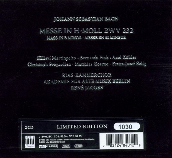Johann Sebastian Bach Messe in H-Moll BWV 232, Mass in B Minor, Messe en Si Mineur. 2 CD Limited Edition 1030.