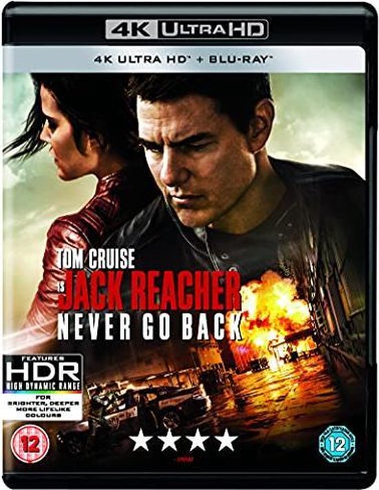 Hoes van "Jack Reacher: Never Go Back" 4K Ultra HD Blu-ray met Tom Cruise en Cobie Smulders, explosies op de achtergrond.