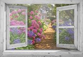 D&C Collection - tuinposter - 130x95 cm - doorkijk - openslaand wit venster - hortensia tuin- tuindoek - schuttingposter - tuindecoratie