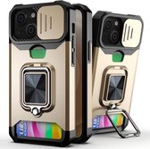 Sliding Camera Cover Design PC + TPU schokbestendig hoesje met ringhouder en kaartsleuf voor iPhone 13 (goud)