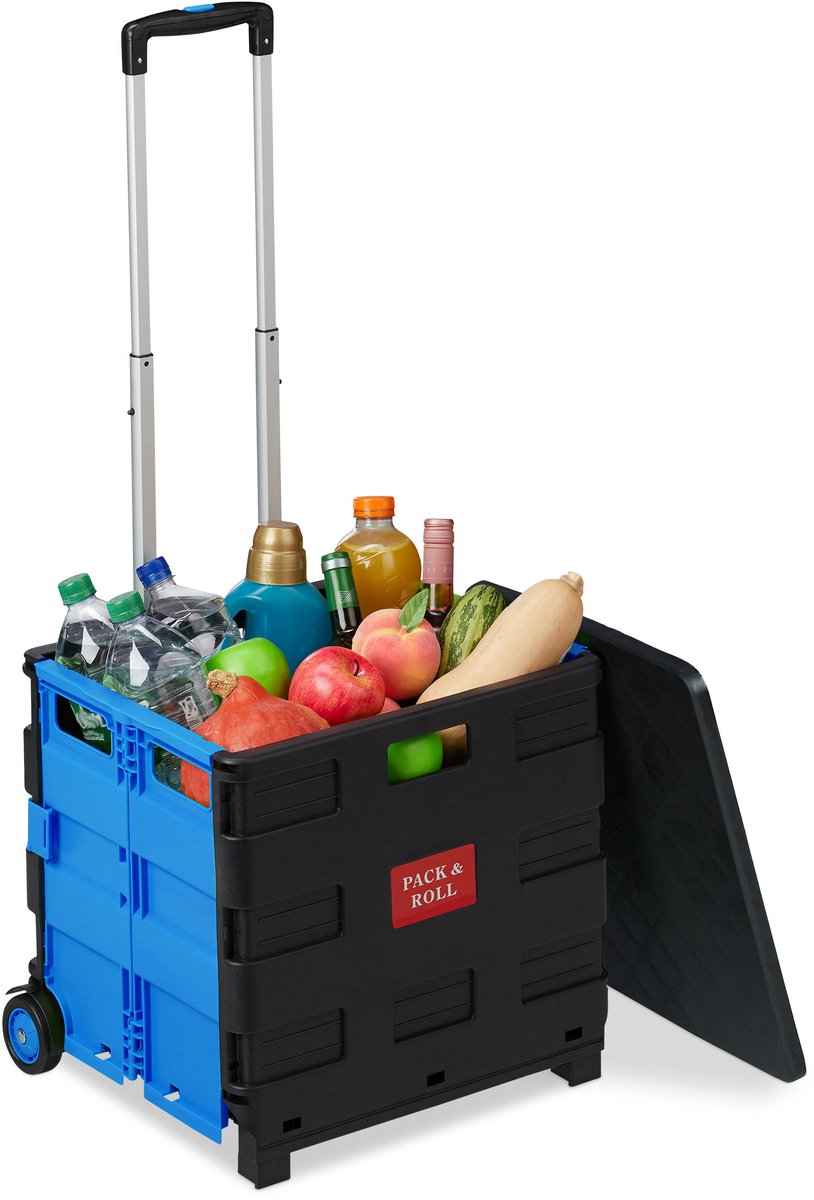 Relaxdays boodschappentrolley inklapbaar - vouwkrat met wielen - trolley - boodschappenkar - blauw