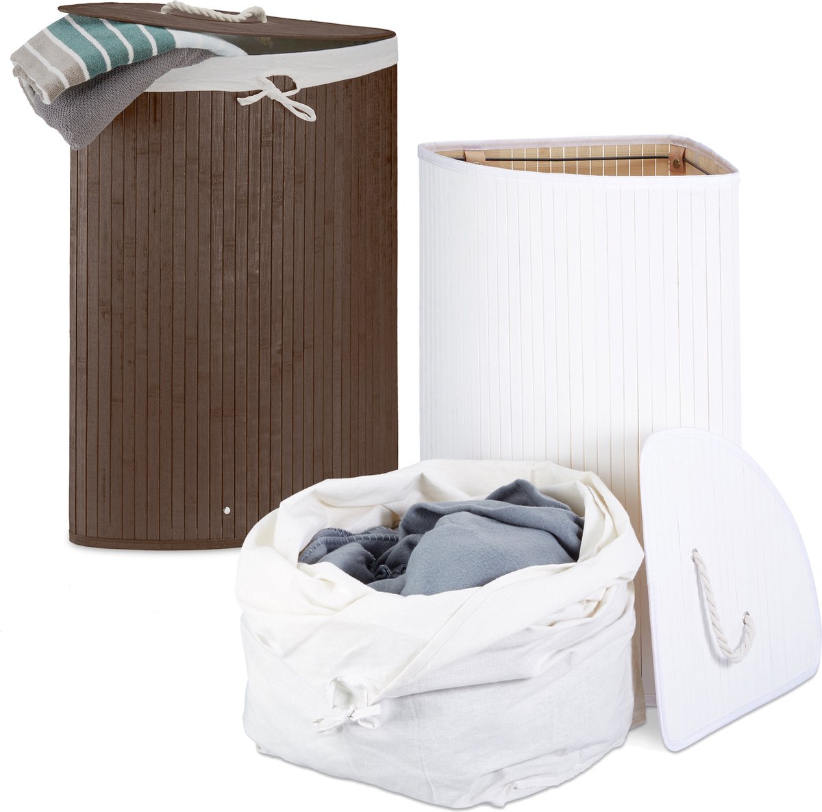 2x wasmand bamboe - wasmanden met deksel - driehoek - 60 L - wit - bruin