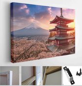 Fujiyoshida, Japan Beautiful view of mountain Fuji and Chureito pagoda at sunset, japan in the spring with cherry blossoms - Modern Art Canvas - Horizontal - 1396013432 - 80*60 Hor