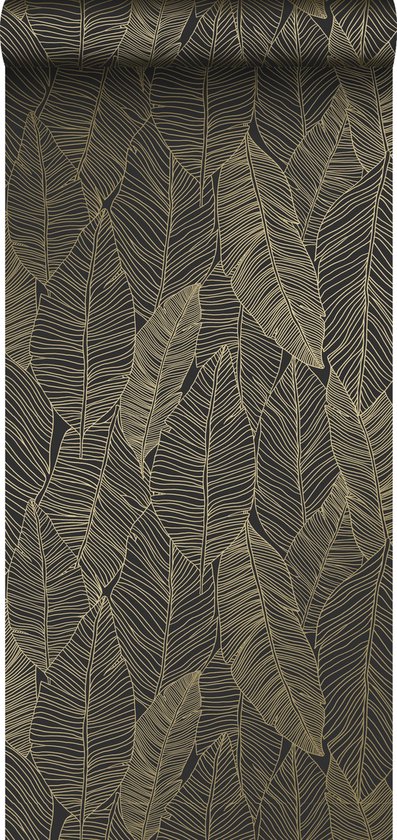 ESTAhome behang getekende bladeren zwart en goud – 139126 – 0,53 x 10,05 m