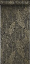 ESTAhome behangpapier getekende bladeren zwart en goud - 139126 - 0,53 x 10,05 m