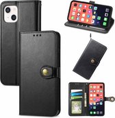Voor iPhone 13 Effen Kleur Lederen Gesp Telefoon Case Met Lanyard & Fotolijst & Kaartsleuf & Portemonnee & Stand Functie (Zwart)