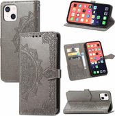 Voor iPhone 13 mini Mandala Bloem Reliëf Horizontale Flip Lederen Case met Houder & Drie Kaartsleuven & Portemonnee & Lanyard (Grijs)