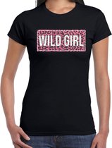 Wild girl fun t-shirt met panterprint - zwart - dames - fout fun tekst shirt / outfit / kleding L