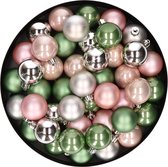 48x stuks kunststof kerstballen mix lichtroze/salie groen/zilver 4 cm - Kerstversiering/kerstboomversiering