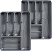 Set de 2 range-couverts/porte-couverts en plastique 6 compartiments gris 38 x 30 cm - Tiroir de cuisine/rangement tiroir à couverts