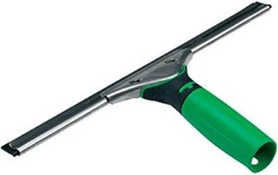 Unger raamtrekker met groen handvat en metalen staaf.