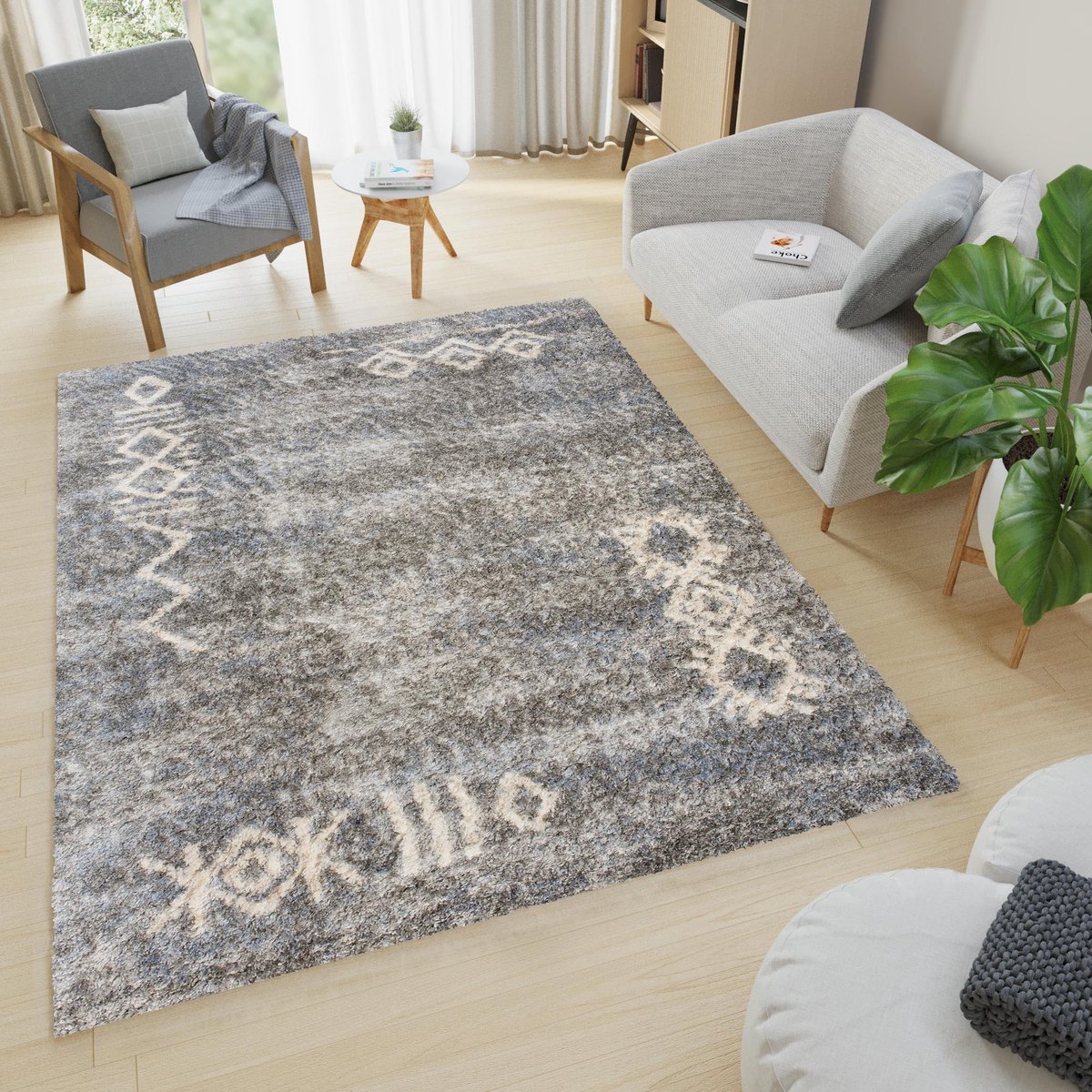 Tapiso Versay Vloerkleed Grijs Hoogpolig Shaggy Boho Tapijt Maat- 80x150
