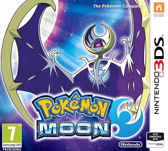 Hoes van Pokémon Moon voor 3DS, met de legendarische Pokémon Lunala op een nachtelijke hemel.