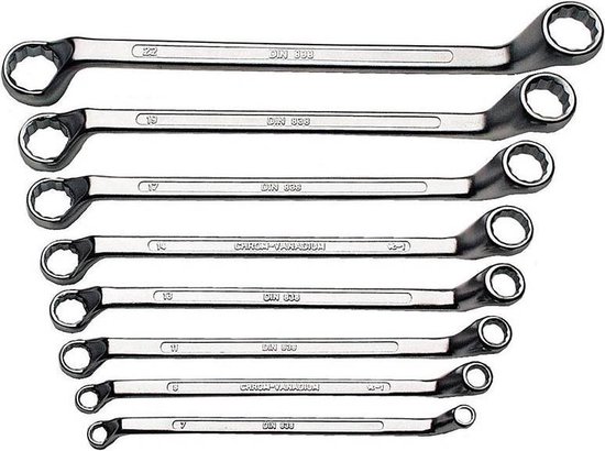 8-delige ringsleutelset van glanzend chroom-vanadium staal, maten 8-22 mm.