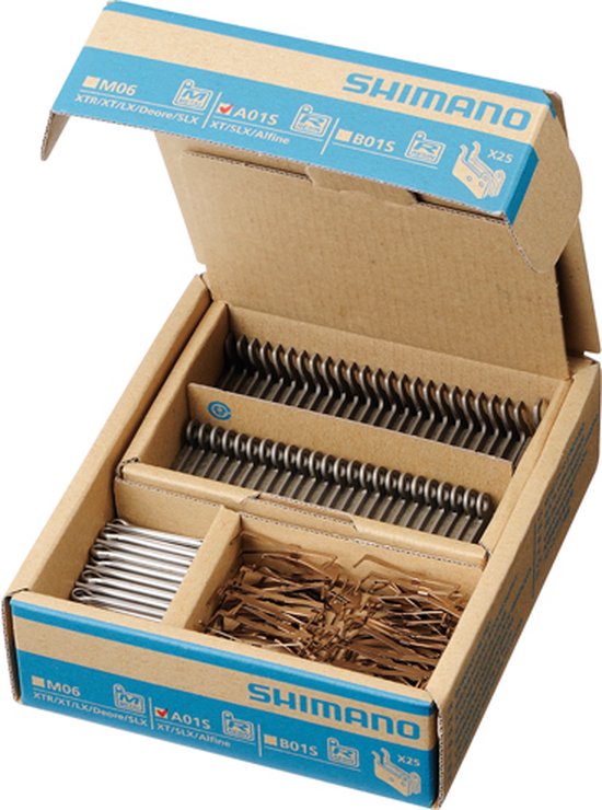 Open Shimano doos met 25 paar remblokken B01S Resin, gesorteerd in compartimenten.