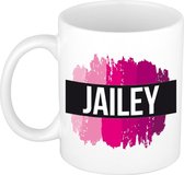 Jailey  naam cadeau mok / beker met roze verfstrepen - Cadeau collega/ moederdag/ verjaardag of als persoonlijke mok werknemers
