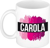 Carola naam cadeau mok / beker met roze verfstrepen - Cadeau collega/ moederdag/ verjaardag of als persoonlijke mok werknemers