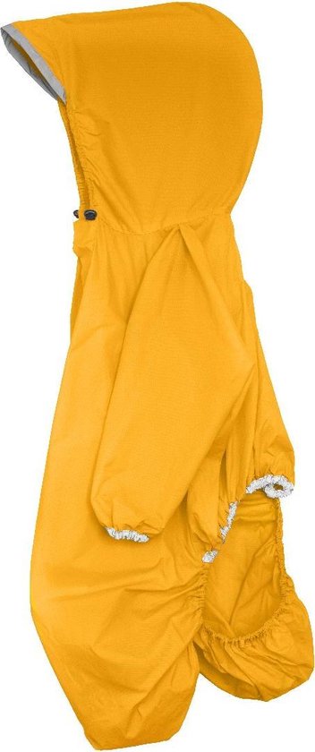 Gele regenpak met capuchon, zijkant zichtbaar.