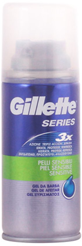 Gillette scheergel voor de gevoelige huid. Zilveren bus met blauw en groen label.