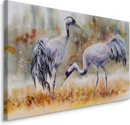 Schilderij - Kraanvogels op een veld (print op canvas), 4 maten, multi-gekleurd, premium print