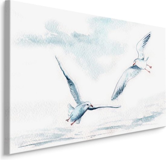 Schilderij Zeemeeuwen in olieverf (print op canvas), 4 maten, wit/blauw, Premium print