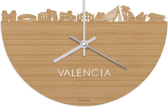 Skyline Klok Valencia Bamboe hout - Ø 40 cm - Stil uurwerk - Wanddecoratie - Meer steden beschikbaar - Woonkamer idee - Woondecoratie - City Art - Steden kunst - Cadeau voor hem - Cadeau voor haar - Jubileum - Trouwerij - Housewarming -