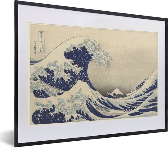 De grote golf bij Kanagawa - Schilderij van Katsushika Hokusai fotolijst zwart met witte passe-partout klein 40x30 cm - Foto print in lijst - Poster in lijst (Wanddecoratie woonkamer / slaapkamer)