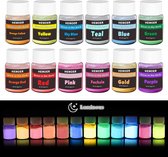HEMOER Fluorescerende Poeder, 12 kleuren Glow in The Dark Pigment Poeder voor verf, nagels, doe-het-zelf, epoxyhars, gezicht, lichaam-12 x 20g