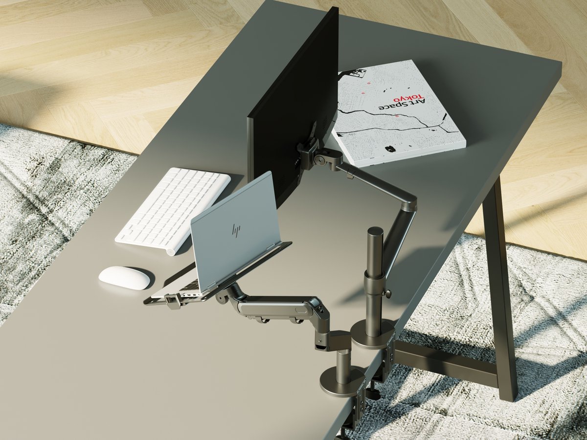 AVLT - Supporto A Palo Lungo Per Laptop E Monitor Da 15,6" E Monitor Da 32" Su 2 Bracci