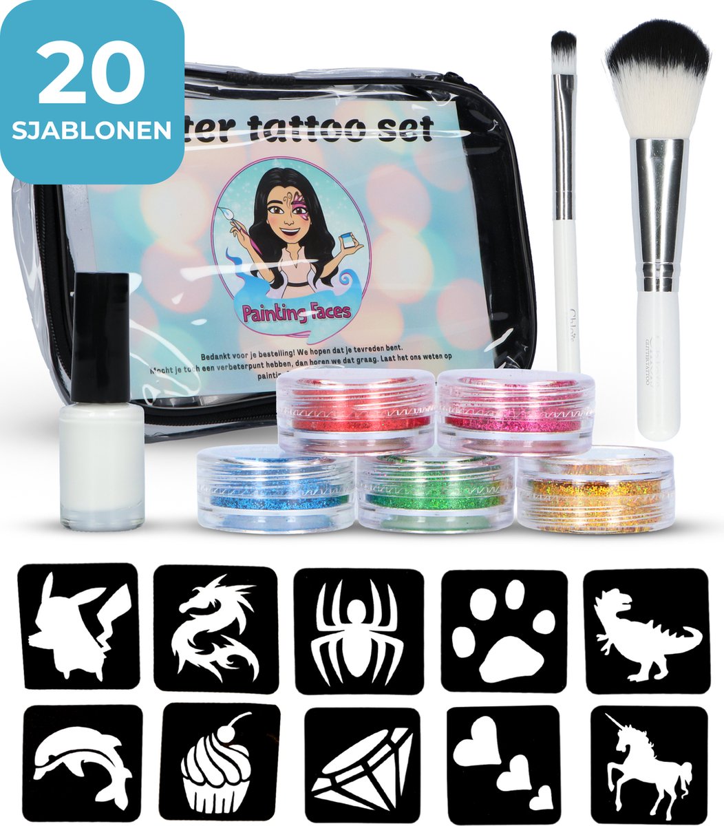 Glitter Tattoo Complete Set voor Kinderen - 20 sjablonen - Painting Faces