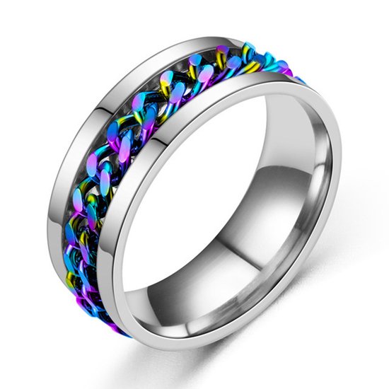 Fidget Ring Zilver - Regenboog (Maat 68 - 21 mm - 21.5 mm) - Anxiety Ring - Angst Ring - Stress Ring Heren / Dames - Spinning Ring - Draai Ring - Zilver Roestvrij Staal - Spinner Ring