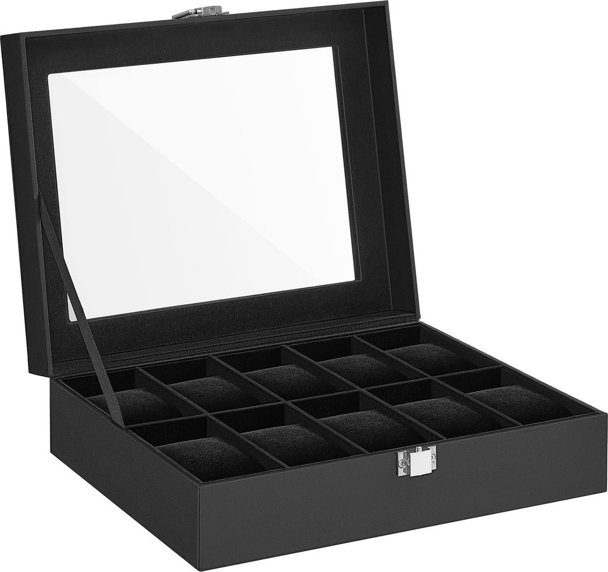 SONGMICS Horlogedoos met 10 vakken, horlogekast met glazen deksel, horlogekoffer met uitneembare horlogekussens, metalen sluiting, cadeau-idee, PU-bekleding in zwart, binnenvoering in zwart JWB010B02