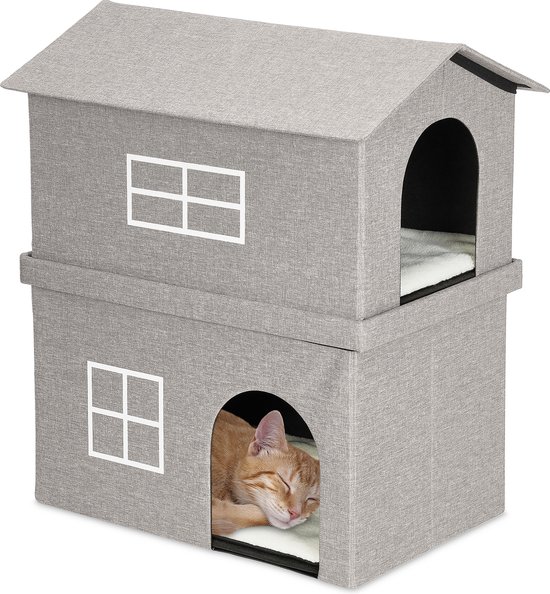 Relaxdays kattenhuis stof - grote kattenmand met dak - inklapbaar kattenholletje - binnen
